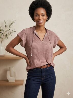 Adrianna Papell Dusty Rose Pleated V-Neck Short Sleeve Blouse